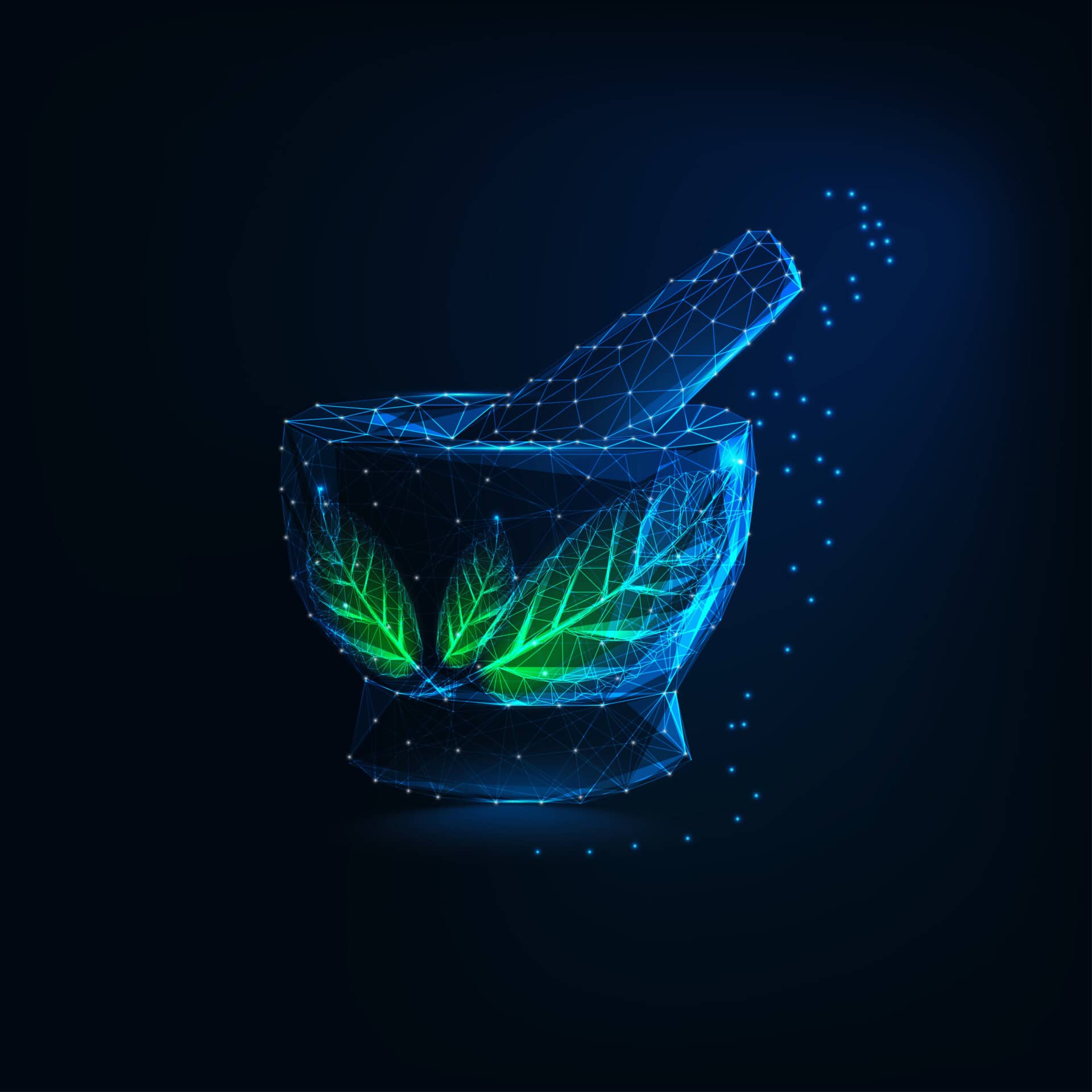 A mortar and pestle drawn as a glowing blue wireframe, with green herb leaves resting inside it