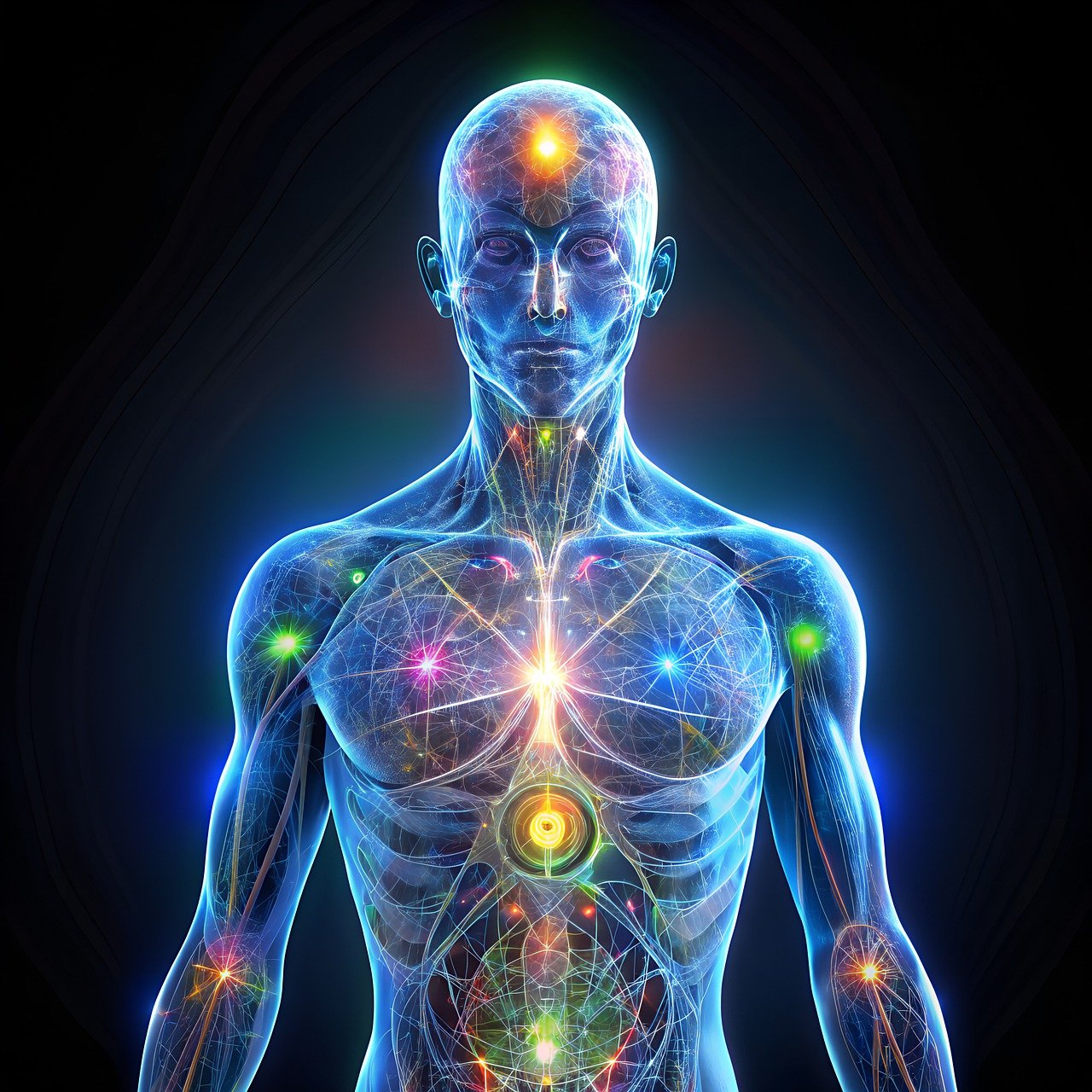 An illustrated human figure lit from within, energy channels and coloured points glowing along the body