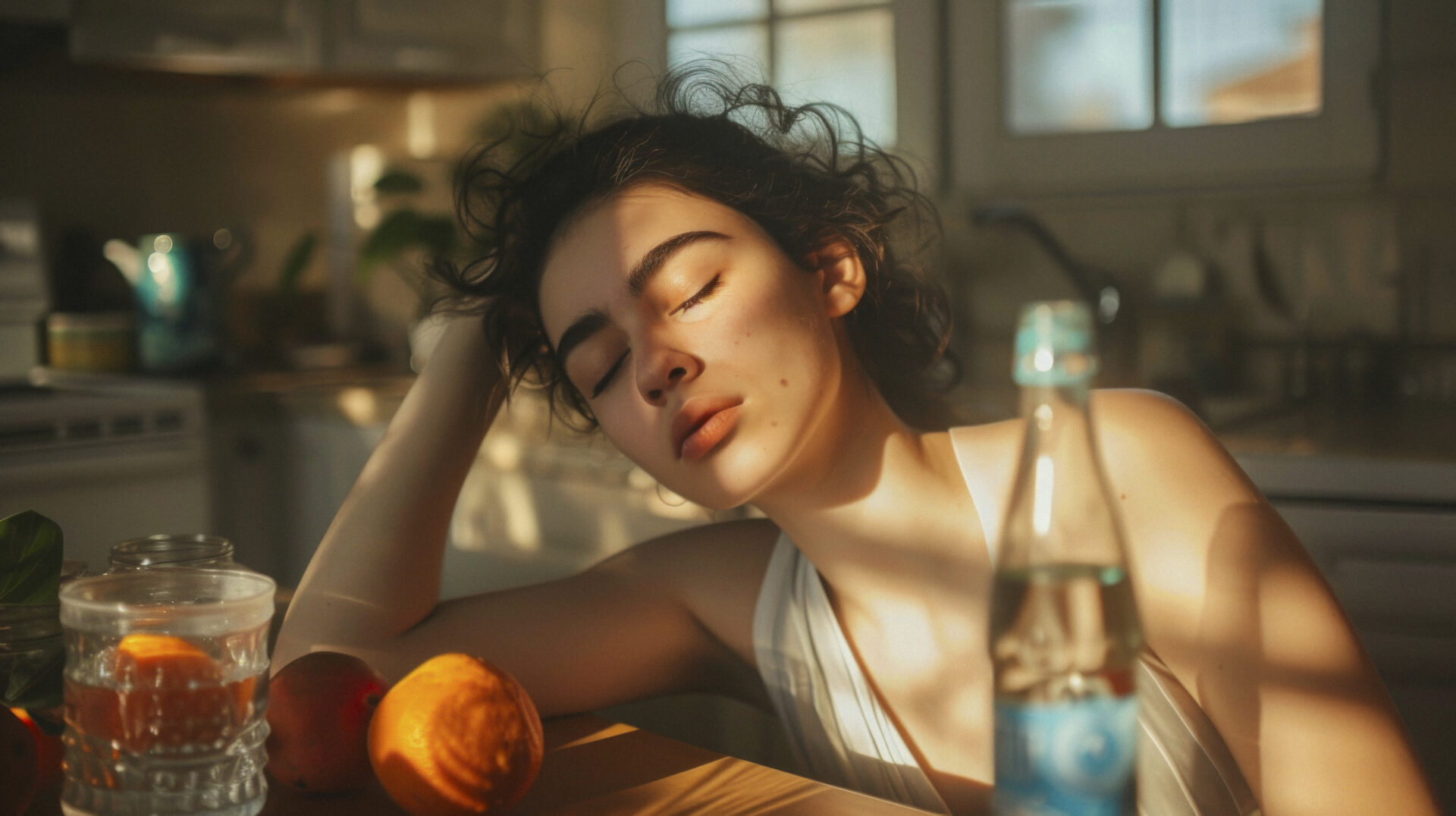 A woman resting her head on her hand at a sunlit kitchen table, eyes closed, fruit and water beside her